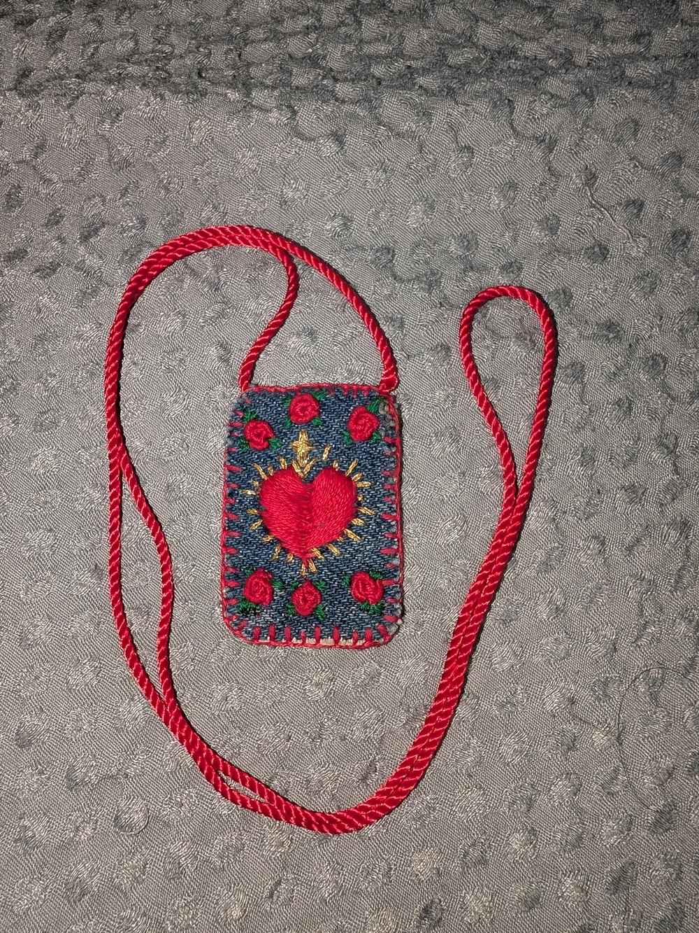Handcrafted Red Heart Pendant Necklace with Embroidered Detail
